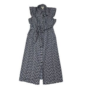 Monteau Los Angeles Navy White Floral Ruffle Sleeve Midi Shirt Dress Large